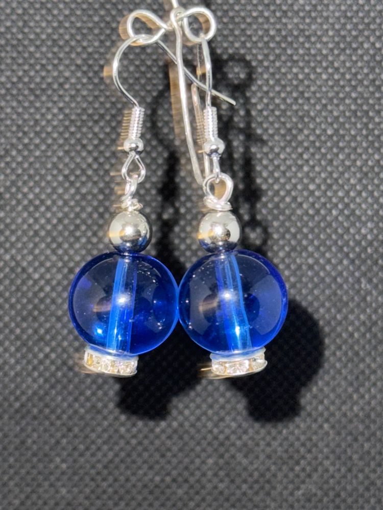 Dark Blue Clear Sphere Dangle Earrings