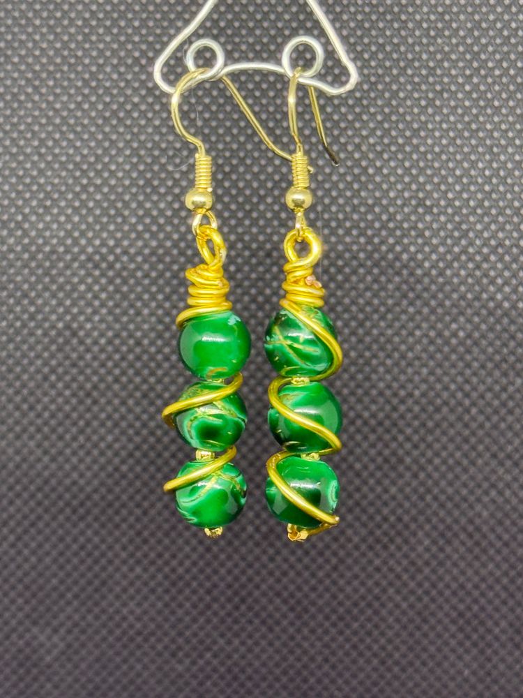 Green & Gold Wire Wrapped Sphere Dangle Earrings 
